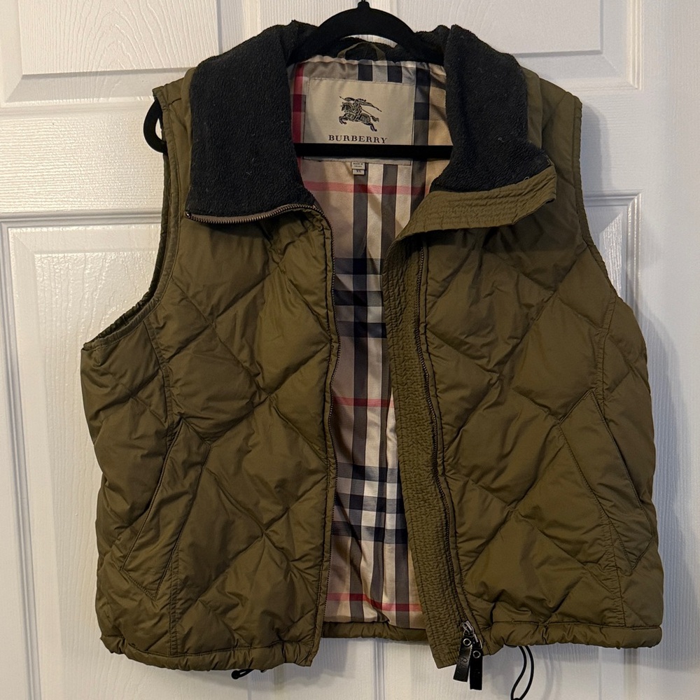 Burberry Khaki Quilted Vest with Check Lining